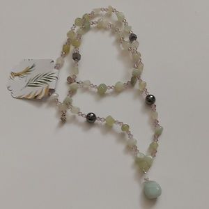 Beaded Necklace Green, Clear & Black Beads Stone Pendant